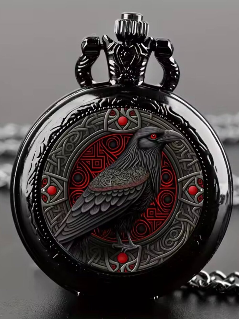 Gothic Design Black Raven Chain Pocket Watch